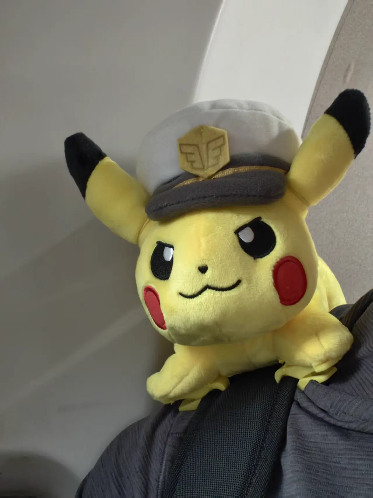 A small yellow captain companion travelling on a plane